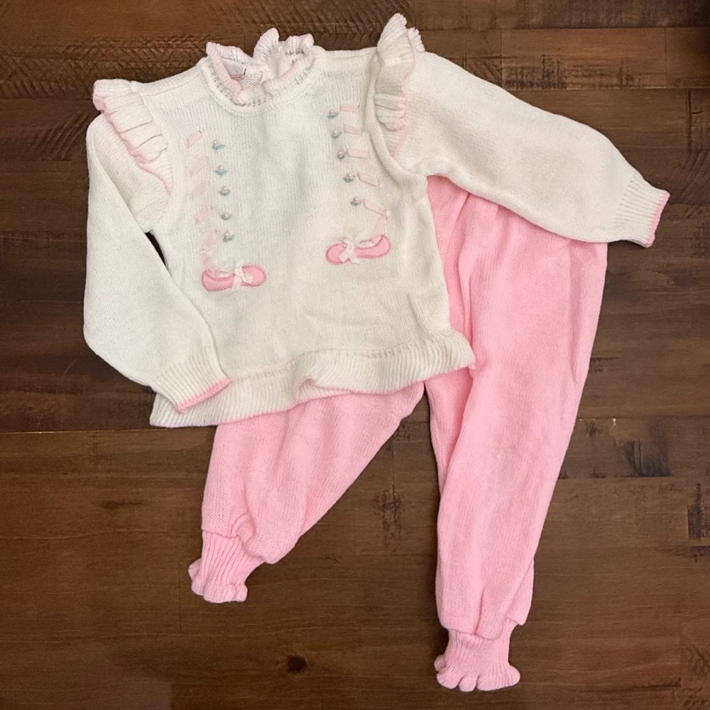Vintage Piccolo Baby Girls White Pink Ballerina Sweater Pants Set 18 Months
